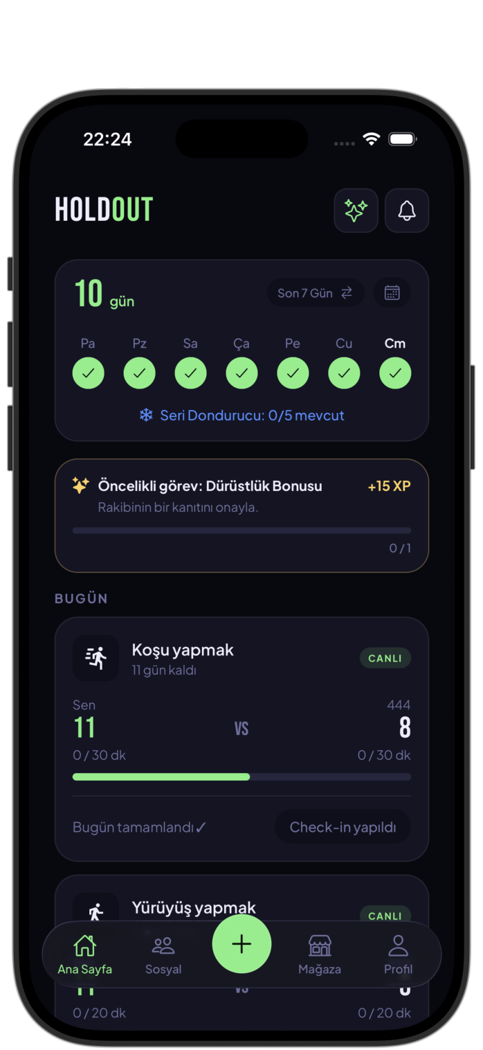 Holdout uygulamasının Türkçe ana ekranı