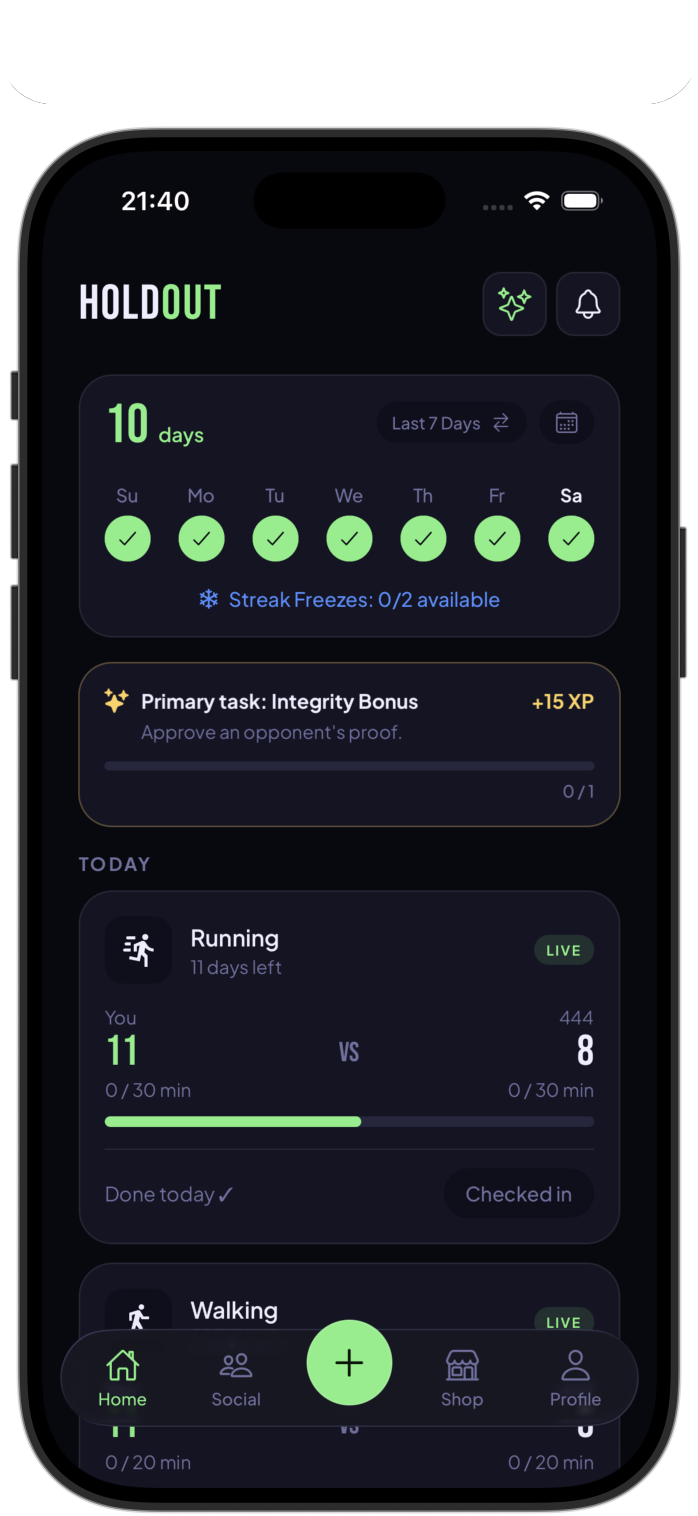 Holdout app home screen in English