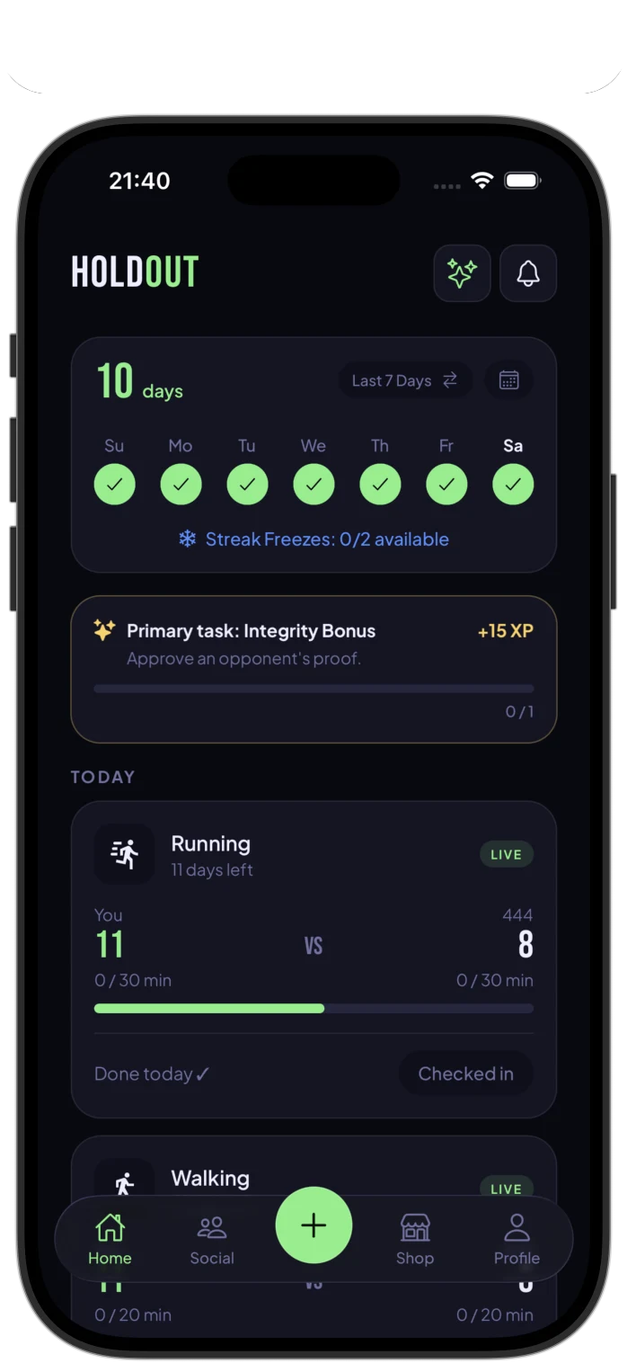 Current Holdout app home and duel screen in English
